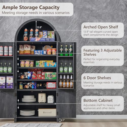 71" Tall Arched Kitchen Pantry, Modern Fluted Wood Storage Cabinet with Doors A419441