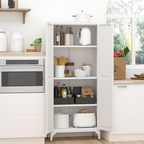 GREATMEET 65" Tall Kitchen Pantry Cabinet, White Metal Farmhouse Cupboard with Adjustable Shelves D202