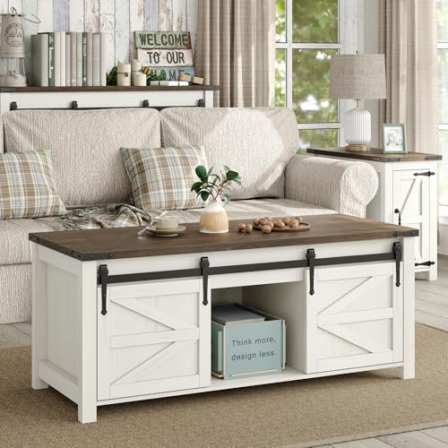 47.3" Lift Top Coffee Table with Storage and Barn Doors, White and Grey I616078