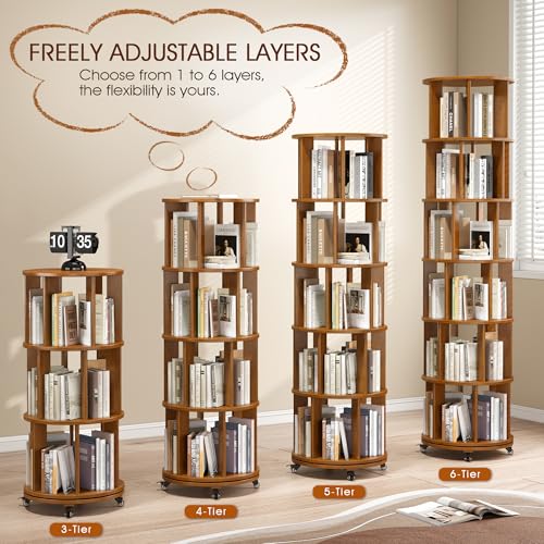 6 Tier Rotating Bookshelf Tower with Swivel Wheels, Solid Wood, Walnut B588