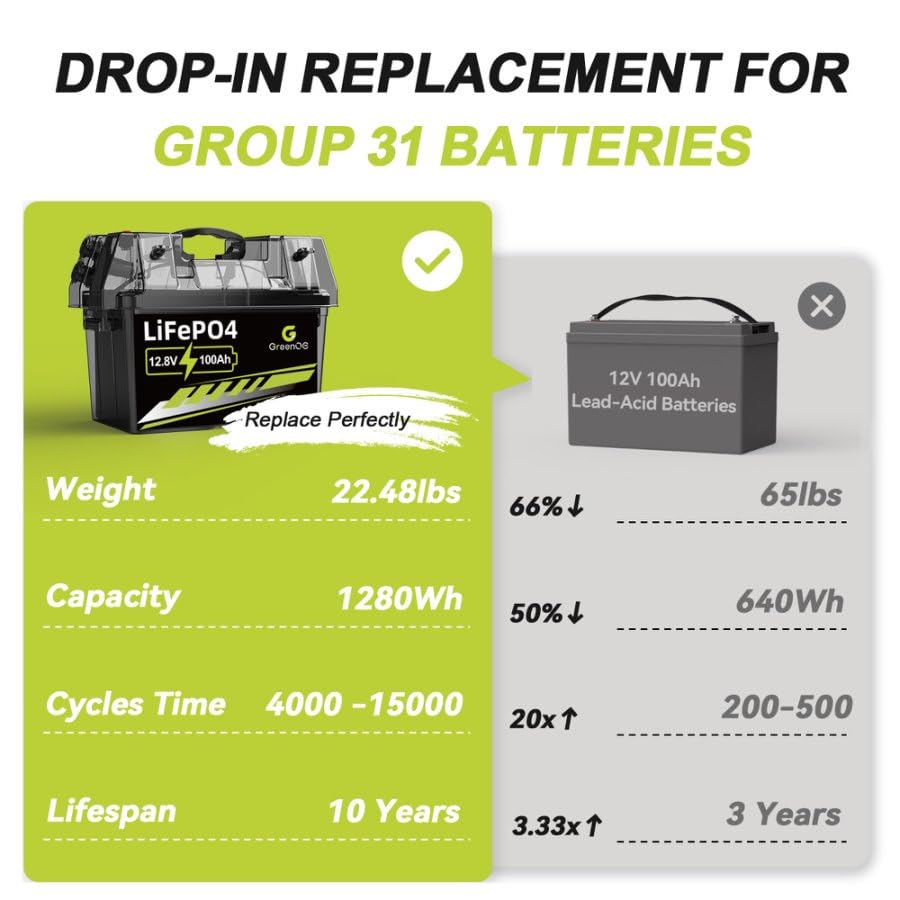 12V 100Ah LiFePO4 Battery Group 31 with Built-in 100A BMS U8702