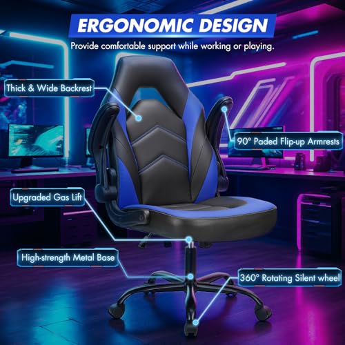 Sweetcrispy Ergonomic Gaming Desk Chair with Flip-up Armrest, Black Blue C253