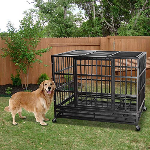 LEMBERI 48/38 inch Heavy Duty Dog Crate with Lockable Wheels, Double Door, Removable Tray Z823935