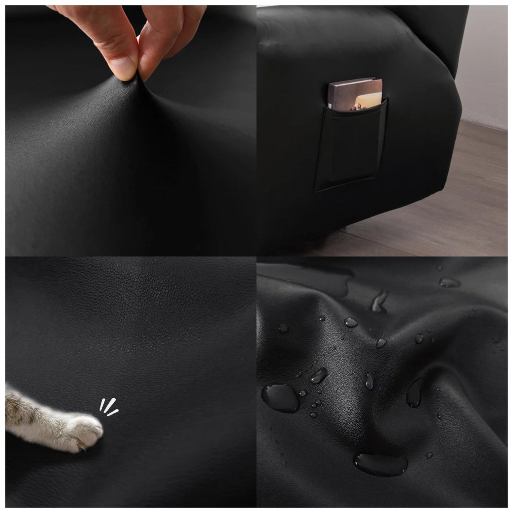 PU Leather Recliner Chair Cover 4-Pieces Waterproof Stretch with Pockets, 1 Seater, Black T9863