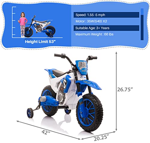 TOBBI Kids 12V Electric Ride-On Motorcycle Dirt Bike for Toddlers, Blue E552
