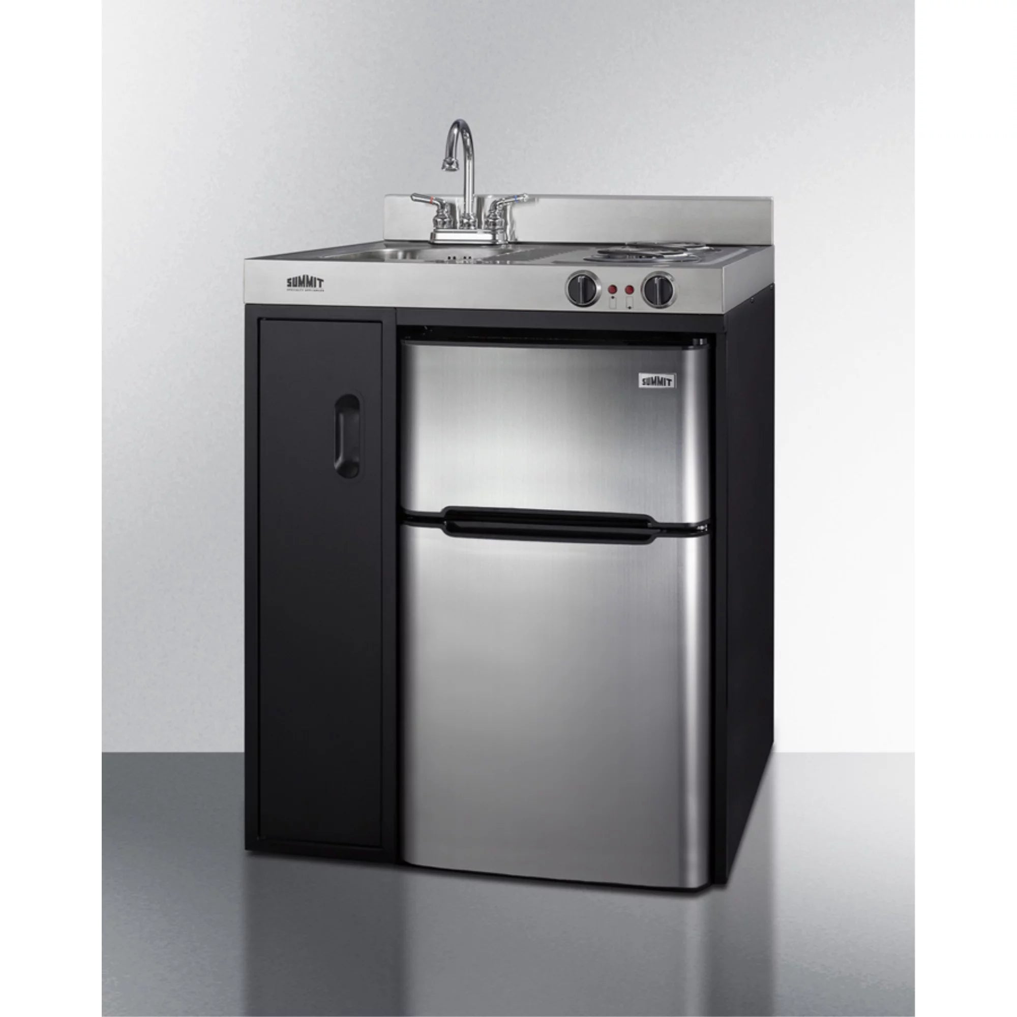 30" all-in-one kitchenette with 2-burner cooktop, fridge, sink, and cabinet W440