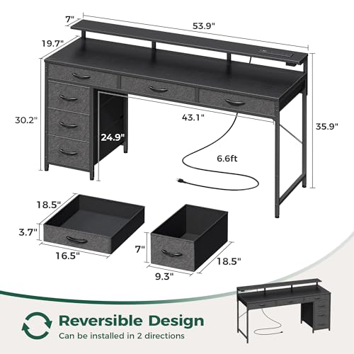 Huuger Gaming Desk with 6 Drawers, LED Lights, 47 Inch, Black N423283