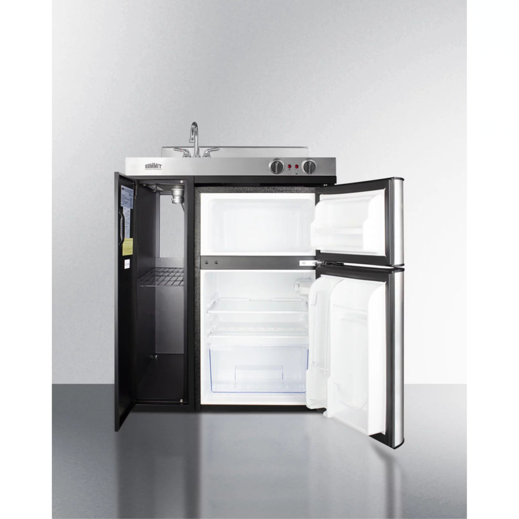 30" all-in-one kitchenette with 2-burner cooktop, fridge, sink, and cabinet W440
