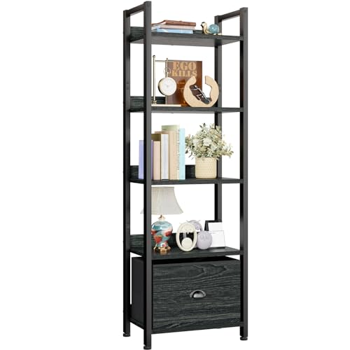 Furologee 5 Tier Bookshelf with Drawer, Industrial Tall Narrow Bookcase, Black T883828