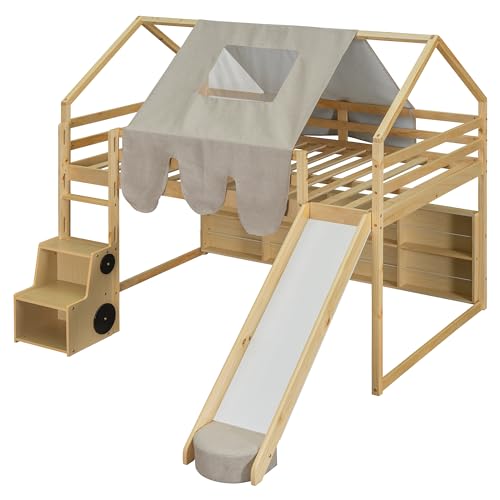 Harper & Bright Designs Kids Twin Low Loft Bed with Slide, Storage Shelves & Stairs, White/Pink C414827