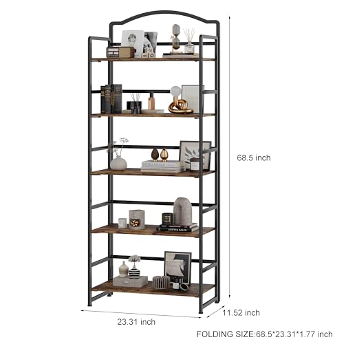 JSB Folding Bookshelf 5 Tier Vintage Wood Bookcase for Living Room Bedroom Office S131658