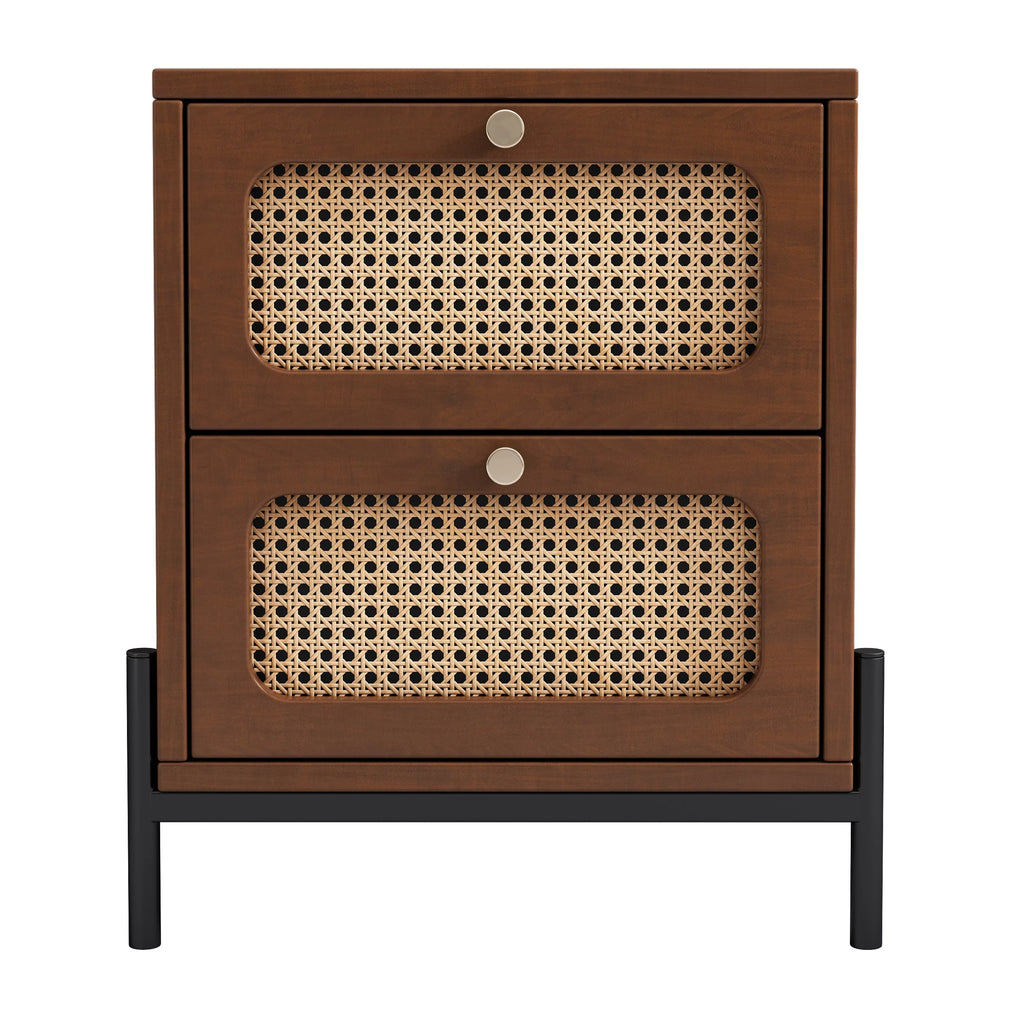 CoSoTower Rattan Wood 2-Drawer Side Table Nightstand, Walnut R303