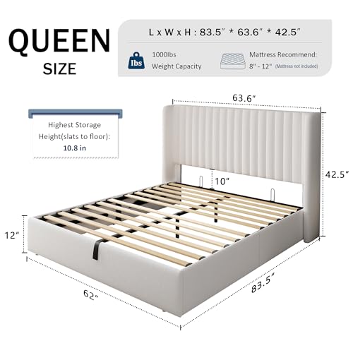 Full Size Lift Up Storage Bed with Wingback Headboard, White Y8002
