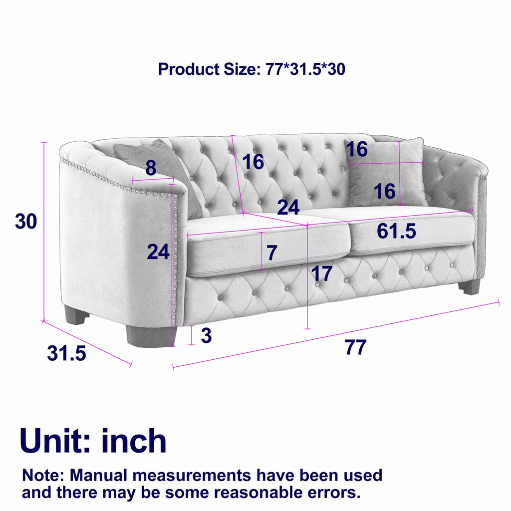 77-Inch Modern Chesterfield Velvet 3-Seater Sofa with Tufted Backrests, Grey E686