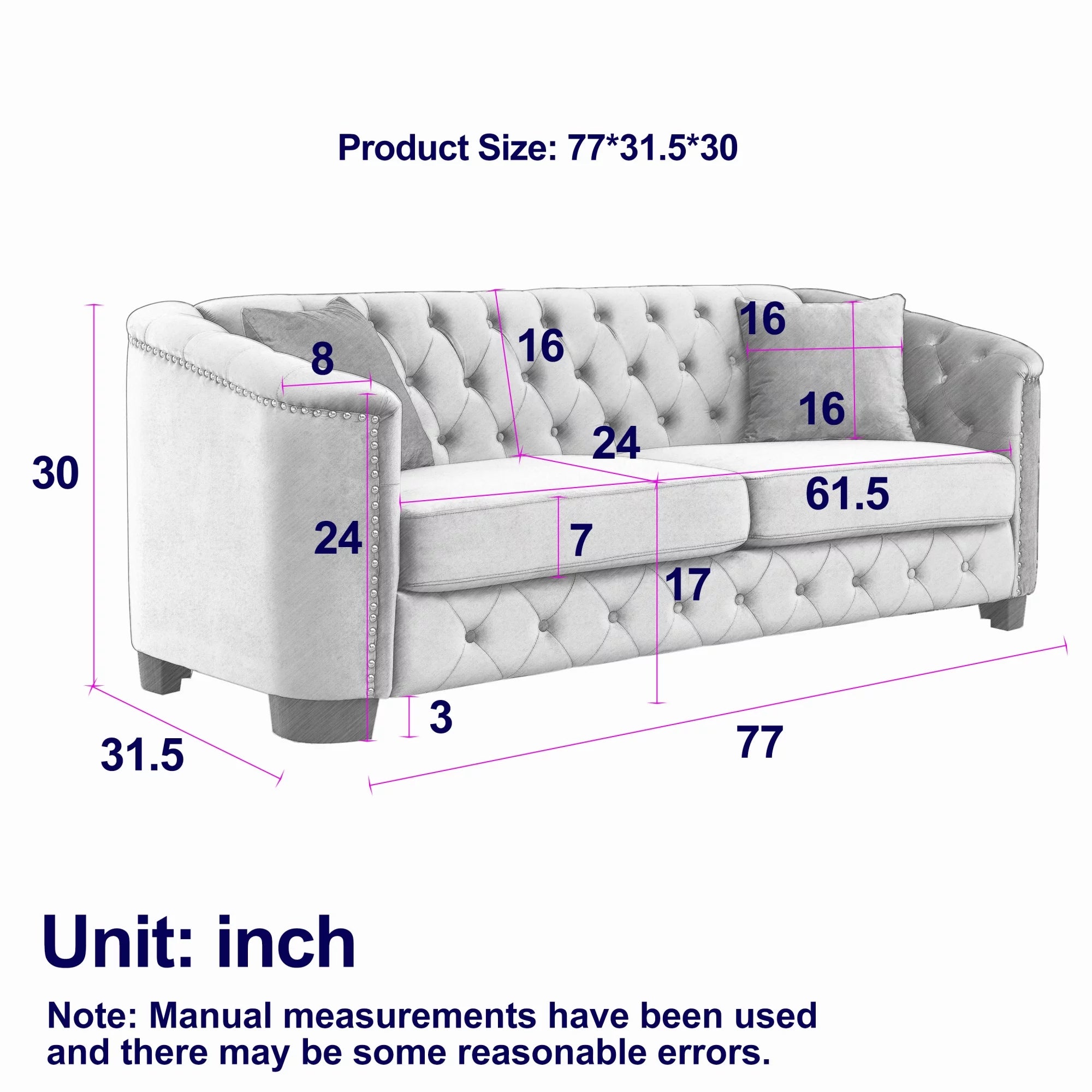 77-Inch Modern Chesterfield Velvet 3-Seater Sofa with Tufted Backrests, Grey E686