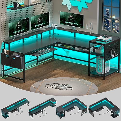 SEDETA L Shaped Gaming Desk with Power Outlets & LED Strip, Black U65690