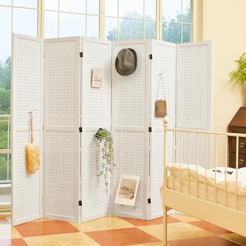 Pegboard Display 5.6Ft Wooden Room Divider Folding Privacy Screen Freestanding Wall Organizer, 4 Panels, Natural C603