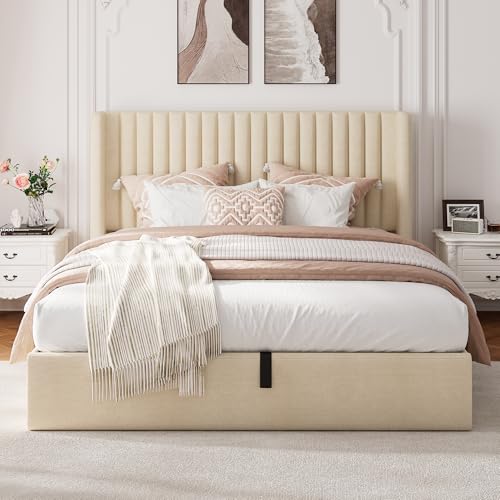 Full Size Lift Up Storage Bed with Wingback Headboard, White Y8002