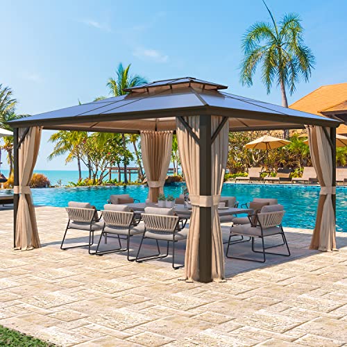 YOLENY 10'x13' Hardtop Gazebo with Aluminum Frame and Curtains F853