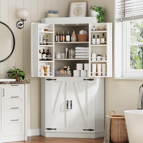 Corner Pantry Cabinet with 4 Doors and Shelves, White K361