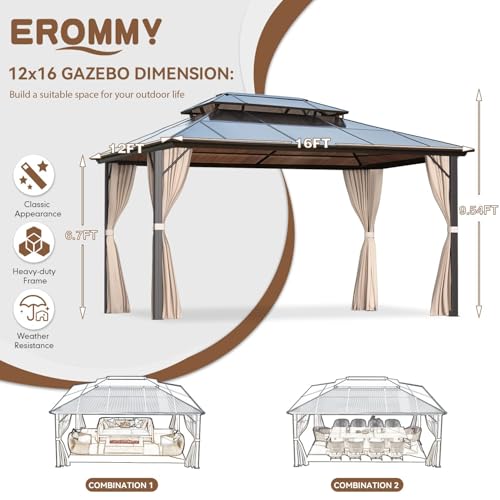 EROMMY 10' x 12' Hardtop Gazebo with Aluminum Frame and Double Roof Q573