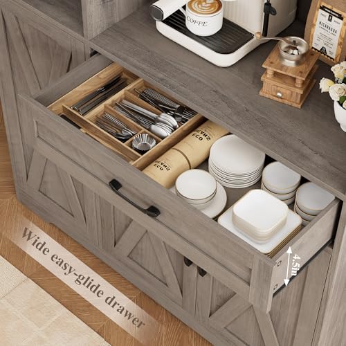 HOSTACK 71" Tall Kitchen Pantry Storage Cabinet with Microwave Stand, Barn Doors, Ash Grey H766476