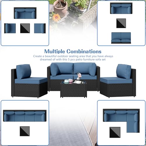 Shintenchi 5-Piece Outdoor Patio Sectional Sofa with Cushions and Glass Coffee Table, Aegean Blue U127322