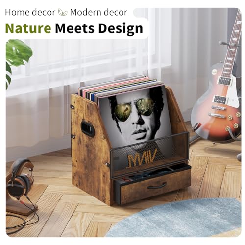 Vinyl Record Storage with Drawer, Metal & Wooden LP Crate, Holds 60 Records (Antique) R566