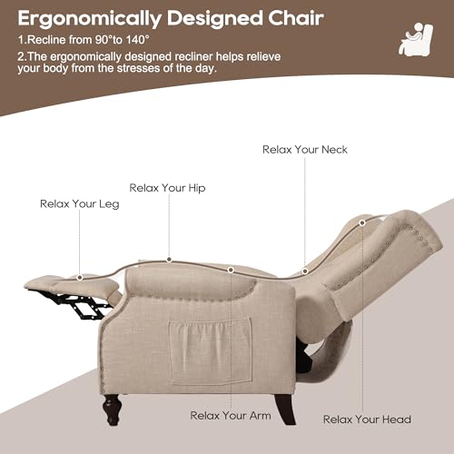 Wingback Recliner Chair with Massage and Heat, Tufted Fabric, Wooden Legs D91574