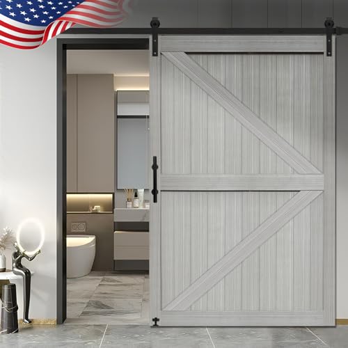 S&Z TOPHAND® 20 in x 84 in Elephant Gray British Brace Knotty Barn Door with 4FT Sliding Hardware Kit G149446
