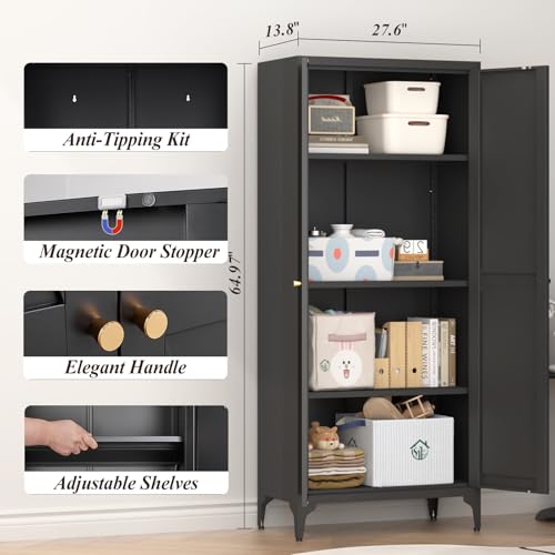 GREATMEET 65" Tall Kitchen Pantry Cabinet, White Metal Farmhouse Cupboard with Adjustable Shelves D202