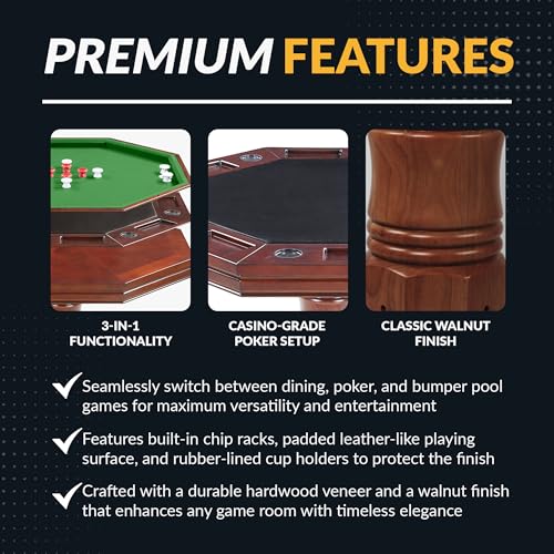 Hathaway Kingston 3 in 1 Octagon Poker, Dining & Bumper Pool Table, Walnut E1037