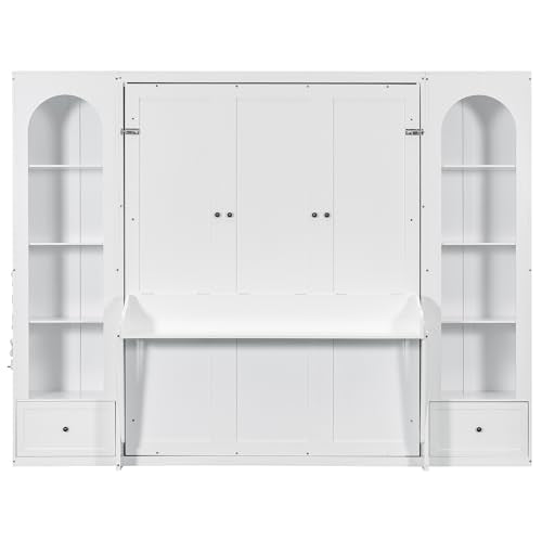 Merax Queen Murphy Bed Wall Bed with Sofa and Cushion, White V57291