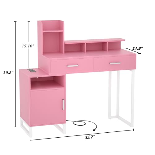 White Vanity Desk with Power Outlet and Storage Y378