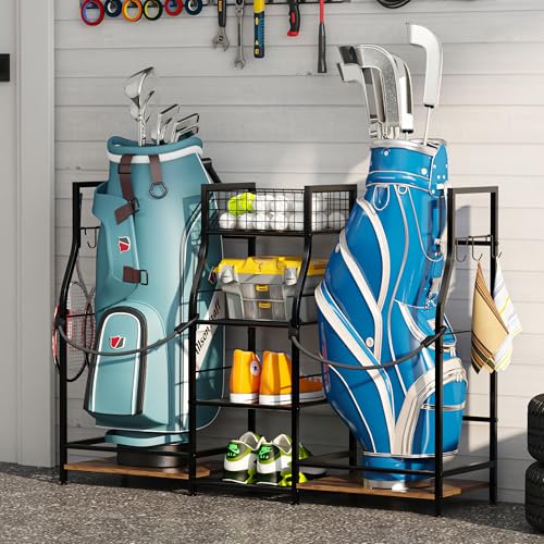 Golf Bag Storage Organizer Rack for 2 Bags, Freestanding Golf Club Holder for Garage Y100182
