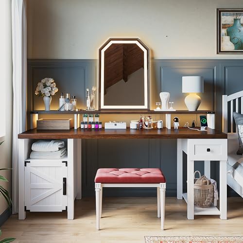 EnHomee Farmhouse Office Desk with Drawer & Power Outlets, Ash Gray K849