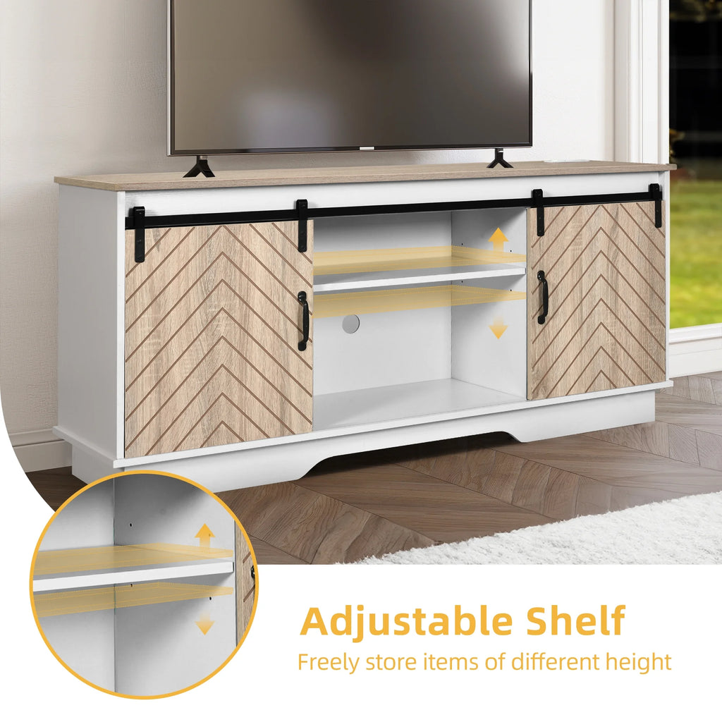 DWVO Farmhouse TV Stand for TVs up to 65 inch, Wood Entertainment Center with Outlets & USB Ports O39331