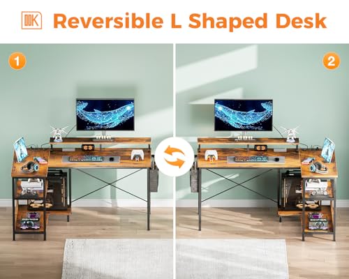 ODK 48 Inch L Shaped Gaming Desk with USB Charging Ports and LED Lights S136