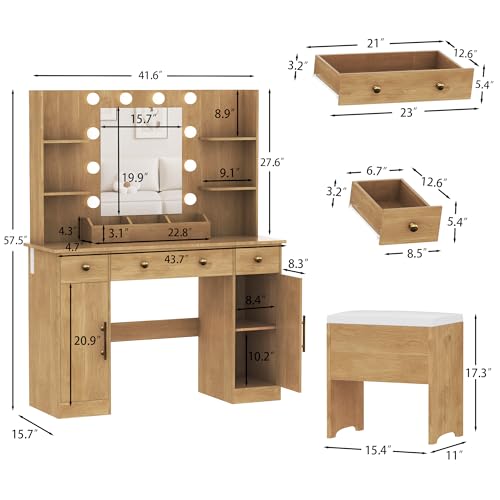 White Vanity Desk with Mirror and Lights, Charging Station and Stool Z6519