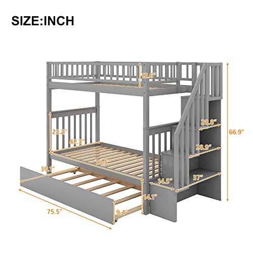 Twin-Over-Twin Bunk Bed with Trundle and Storage Staircase, Solid Wood, White I987686