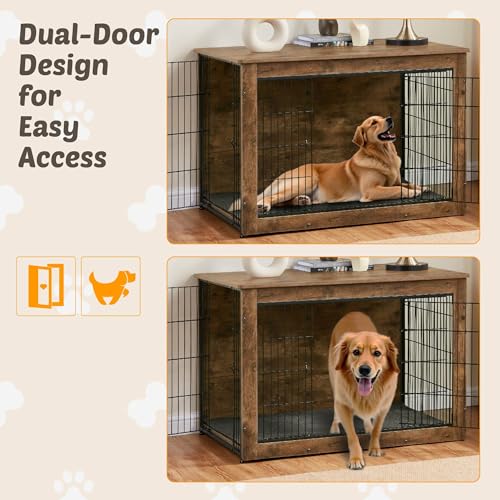 Wooden Dog Crate End Table with Dual Doors, Chew-Proof Design & Cushion, 27 Inch E6718