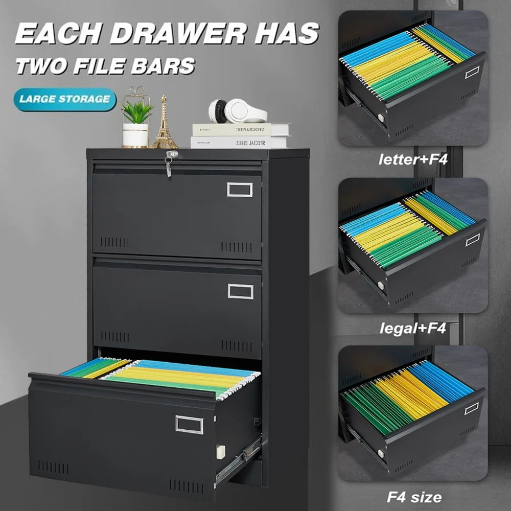 CoSoTower Filing Cabinet Lateral File Cabinet 3 Drawer, Blcak Locking Metal File Cabinets Three Drawer, Office Filing Cabinet with Lock Drawers for Home Office/Legal/Letter/A4/F4