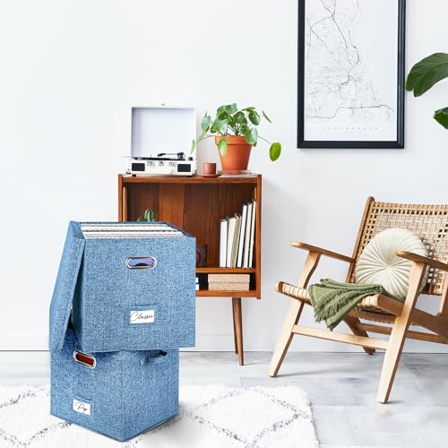 Vinyl Record Storage Box for 50 LPs, Stackable Linen Crate with Lid P294298