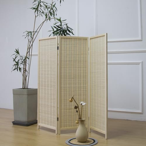 3 Panel Room Divider Short Folding Screen Divider,Double Sided Bamboo Divider Screen for Room Separation,Brown,47.2" H x 46.1" W