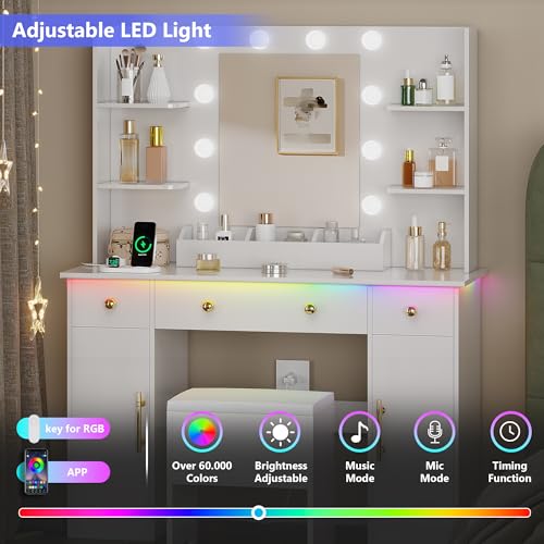 White Vanity Desk with Mirror and Lights, Charging Station and Stool Z6519
