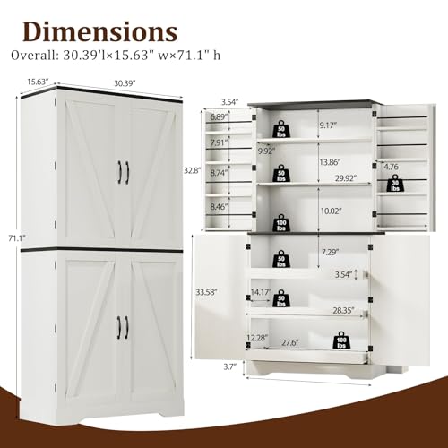 72" Farmhouse Pantry Storage Cabinet with 8 Shelves & 3 Pull-Out Racks, White X1990