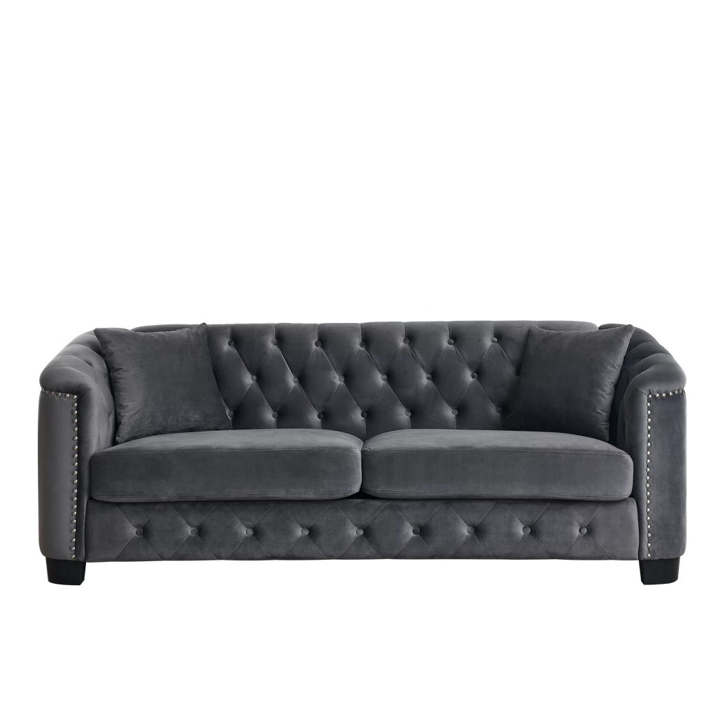 77-Inch Modern Chesterfield Velvet 3-Seater Sofa with Tufted Backrests, Grey E686