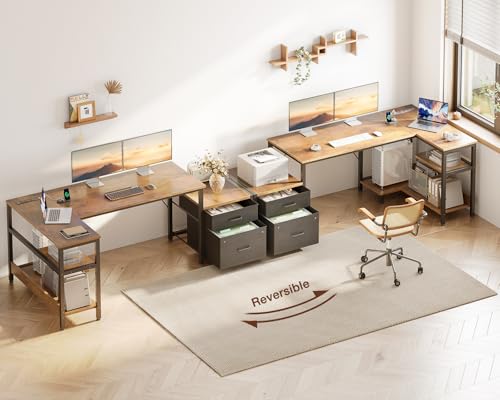 Casaottima 55 Inch L Shaped Desk with Drawers & File Cabinet, Rustic Brown B7734