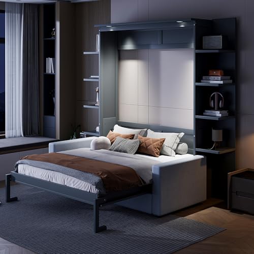 PURLOVE Queen Murphy Bed with Sofa, Wood Slat Support, Gray E27008
