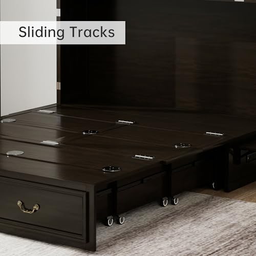 Solid Wood Murphy Bed Cabinet Full with USB Charging Ports and Storage Drawer, Ebony D190415